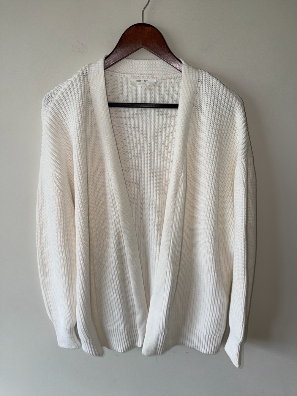 Brit NY 100% Cotton Ivory Open-Front Fisherman Cardigan